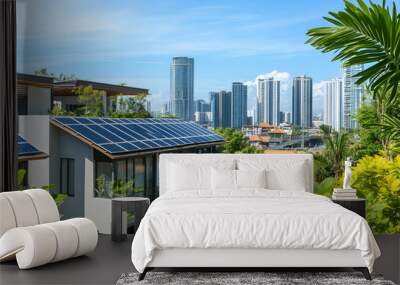 Modern Home with Solar Panels and Skyline View - Illustration Wall mural