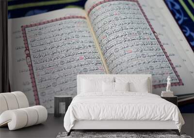 Quran, Al Qur'an, Islamic background for Eid al-Fitr Eid al-Adha. Open page of Al-Quran. Islamic concept Wall mural