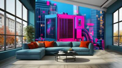 A vibrant, neon-lit rooftop air conditioning unit amidst a modern city skyline at dusk, showcasing advanced technology and urban energy. Wall mural