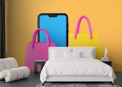 Colorful Shopping Bags and Smartphone on Bright Background Wall mural