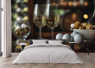 Elegant Wine and Cheese Setup with Golf Balls and Olives Wall mural