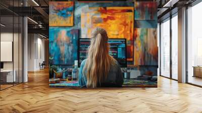 Female artist working on digital graphics in a vibrant art studio with colorful paintings , Concept of creativity and digital artistry Wall mural