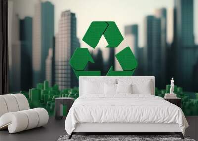 Futuristic Cityscape with Recycling Symbol in Green Wall mural