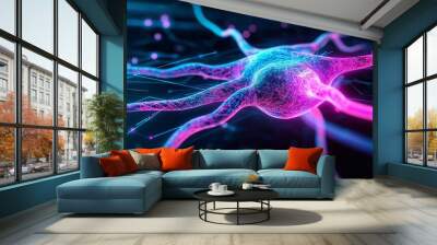 Microscopic view of a vibrant, colorful neuron transmitting nerve impulses in the brain. Wall mural