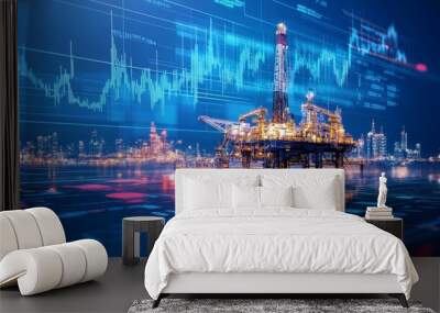 Offshore oil rig with business graph, oil and gas business and trading concept. Wall mural