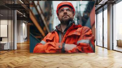 resolute industrial worker in safety gear at container yard, epitomizing workplace safety and operat Wall mural