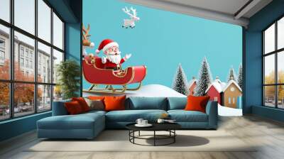 Santa Claus flying in sleigh with reindeer over snowy landscape with gifts and houses. Festive holiday illustration Wall mural