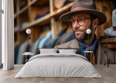 Stylish man contemplating hat choices in a hat shop, dressed in a fashionable tweed jacket and glasses, Concept of fashion and personal style Wall mural