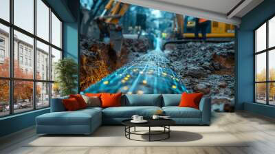 Underground Pipeline Installation with Blue and Yellow Lights Wall mural