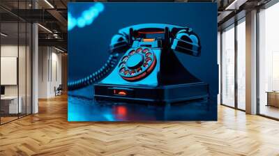 Vintage black rotary telephone in dark, futuristic lighting. Concept of communication, technology, and nostalgia. Wall mural