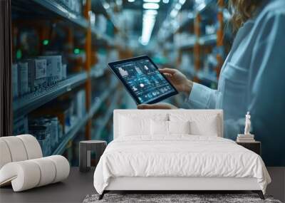 Woman Using a Tablet in a Warehouse Wall mural