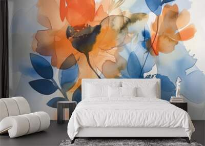 abstract painting of flowers in orange and blue Wall mural