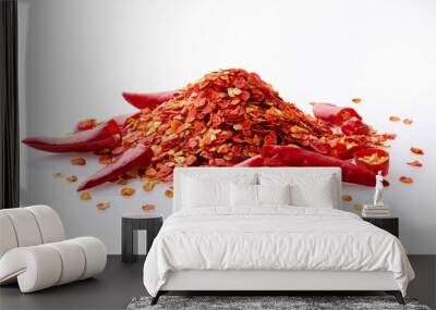 dried red chili pepper flakes and seeds isolated on white background Wall mural