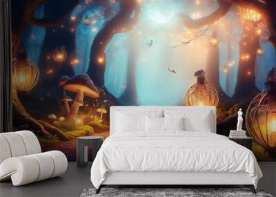 enchanting illustration magical forest with fantastical creatures and glowing lanterns Wall mural