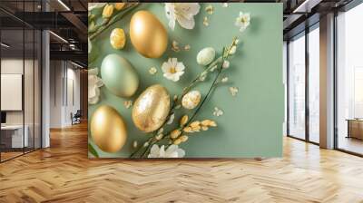 happy easter flat lay composition easter eggs with flowers on pastel green background easter card design template Wall mural