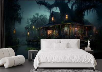 New Orleans fantasy swamp shack on the bayou gas lamps moss trees alligators in water voodoo atmosphere magic cinematic raytracing  Wall mural