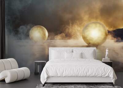 two bright neon glowing spheres in thick smoke over the concrete surface futuristic world landscape background with illumination objects for banners posters 3d rendering modern design Wall mural