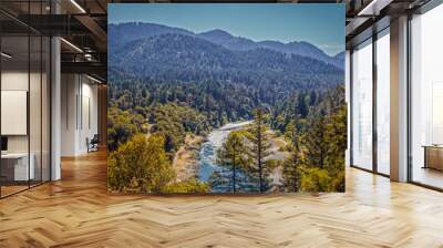 Trinity River in Northern California before the 2021 wildfires with rapids and tree covered hills in the background Wall mural