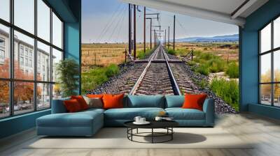 Lonely Railway. Train travel and transportation. Concept of distance and direction. Wall mural