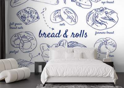 doodle set of bread - baguette, rye, farmers, bun, white, butter, toast, pretzel, full grain, rolls, Wall mural