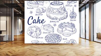 doodle set of cake - fruit, biscuit, classic, cup cake, birthday, cream, bundt, sheet, apple, pie, d Wall mural