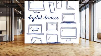 doodle set of digital devices - computer, desktop, tablet, smart phone, touch, hand-drawn. vector sk Wall mural