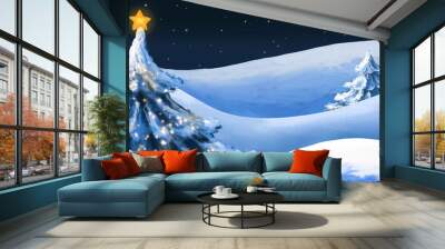 Christmas winter landscape banner with illuminated christmas tree at night. Digital illustration. Wall mural