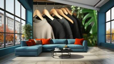 Assorted Knitwear on Hangers in Modern Wardrobe Setup Wall mural