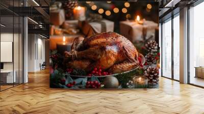 Roasted holiday turkey with festive decorations and candles Wall mural