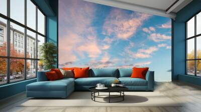 sunset sky panorama with feathery clouds, pink lighted from last sun rays Wall mural