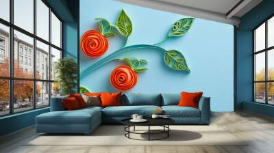 Two red quilling tomatoes on a stem on blue background Wall mural