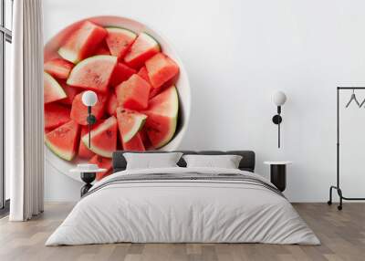 Watermelon chunks in a bowl on a white table top view space on the right Wall mural