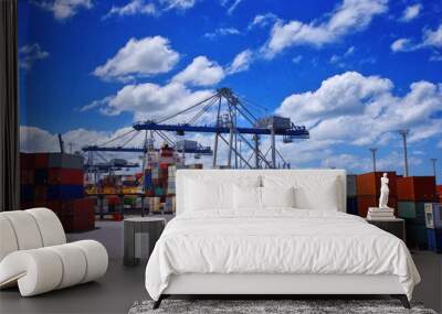 View of colorful containers and cargo cranes in the port. International cargo shipping concept. Wall mural