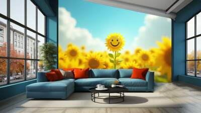 A sunflower with a smiley face in the center of a bright, cheerful field under a blue sky with fluffy white clouds. Wall mural