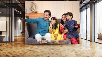 Dad Mother And Kids Posing While Taking Selfie Wall mural