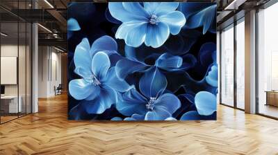 Rectangular floral patterns with soft curved lines in shades of blue and light blue featuring light effects and a blurred style on a black background suitable for textile carpet wallpaper and cove Wall mural