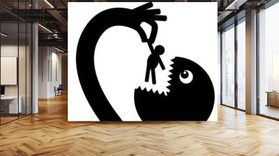 Black monster silhouette holds a limp person in his hand like a puppet and is going to eat it Wall mural