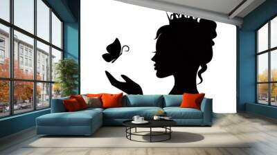 silhouette of a cute beautiful princess with a butterfly on the palm Wall mural