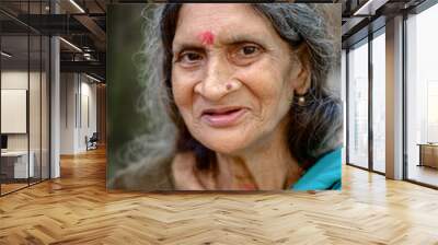 Portrait of a south asian hindu religious elderly woman wearing shari , tulsi mala on neck,tip or tilaka on her forehead, happy village people  Wall mural