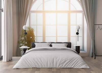 Sunny Modern Empty Interior With Arched Window. Transparent Glass. Room Mockup. Ai Generative Wall mural