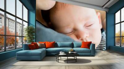 Child sleeping in parent arms. Newborn sleep holding by a mother.  Wall mural