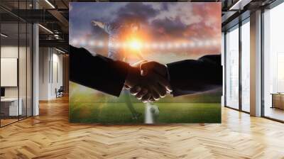 Image handshake with soccer field background.Business with football games Wall mural