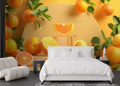 Fruit podium background product citrus beauty vitamin orange cosmetic lemon summer. Podium fruit health peach platform background concept stand presentation mockup plant display food juice scene stage Wall mural