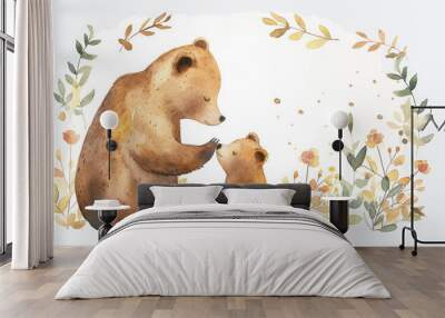 Mom and baby bear and leaves and flowers; can be used for cards or baby shower or mother's day posters; watercolor hand draw illustration; transparent background Wall mural