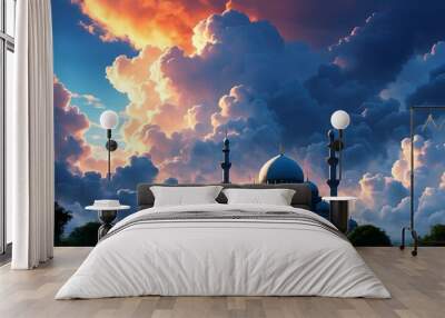 A beautiful, large, white building with a dome sits in front of a cloudy sky Wall mural