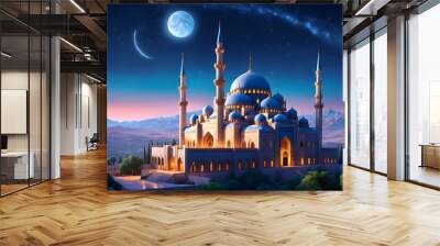 A beautiful blue and white building with a large dome and a moon in the sky Wall mural