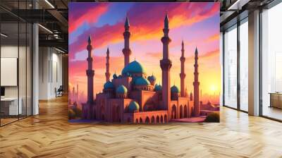 A beautiful cityscape with a large blue dome on top of a building Wall mural