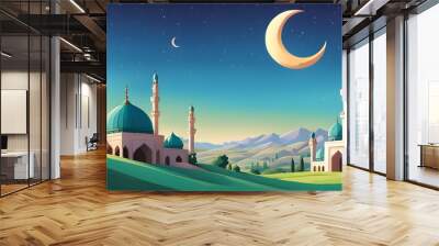 A beautiful landscape with a large moon and a few buildings in the background Wall mural