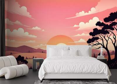 A beautiful landscape with a large sun in the sky Wall mural