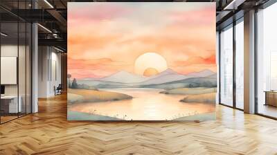 A beautiful landscape with a river and mountains in the background Wall mural